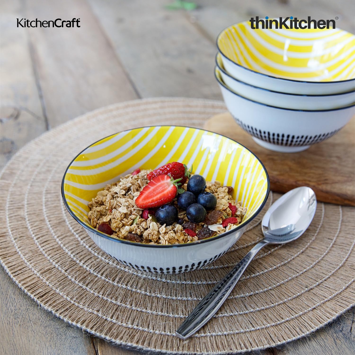 KitchenCraft Premium Stoneware 16cm Serving Bowl Set of 2 for Soups, Cereal, Noodles, Snacks - Yellow Stripe | Wide Rim, Microwave & Dishwasher Safe | Designed in UK - 2