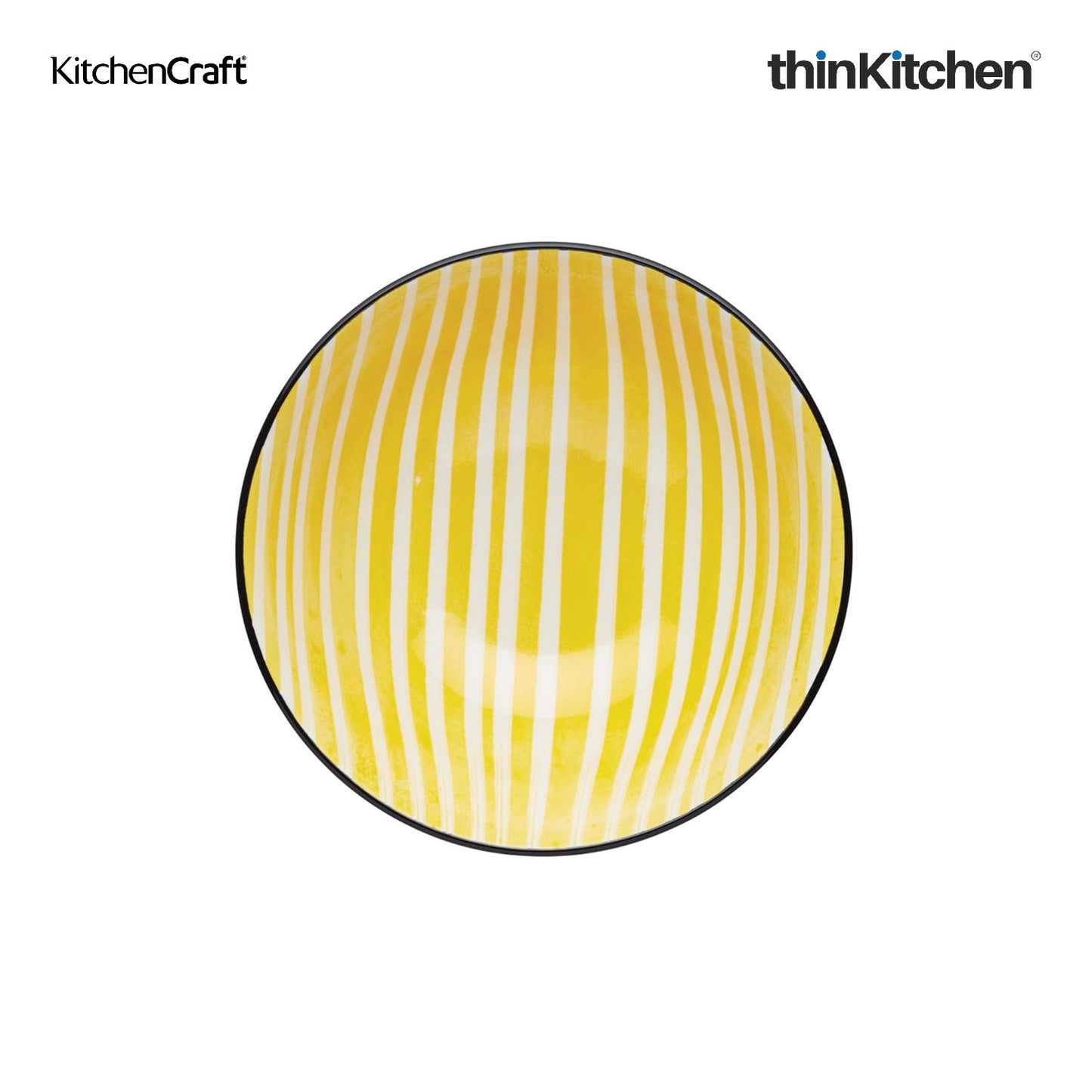 KitchenCraft Premium Stoneware 16cm Serving Bowl Set of 2 for Soups, Cereal, Noodles, Snacks - Yellow Stripe | Wide Rim, Microwave & Dishwasher Safe | Designed in UK