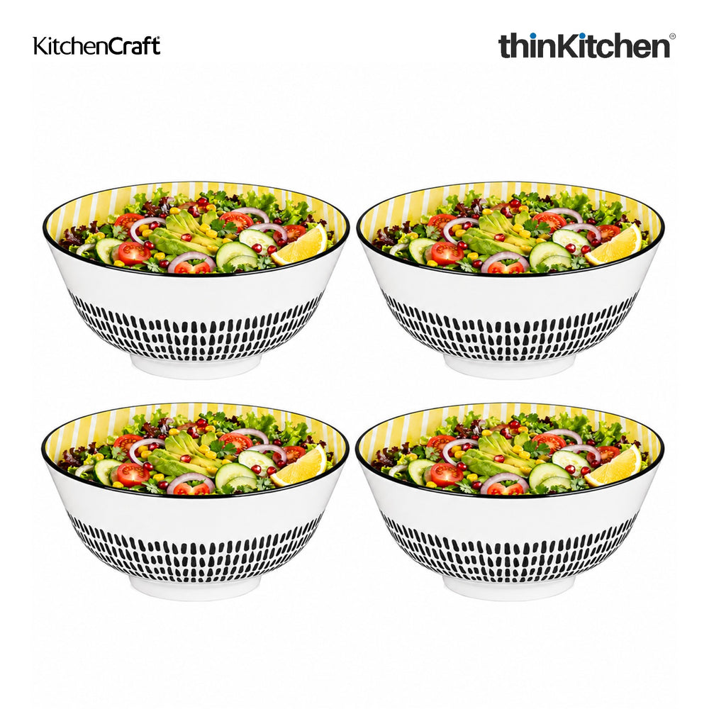 KitchenCraft Premium Stoneware 16 cm Serving Bowl Set of 4 for Soups, Cereal, Noodles, Snacks - Yellow Stripe | Wide Rim, Microwave & Dishwasher Safe | Designed in UK