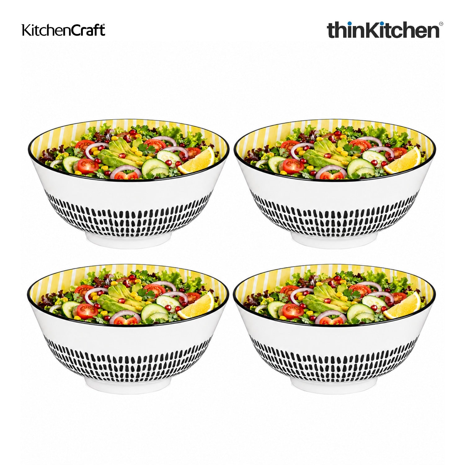 KitchenCraft Premium Stoneware 16 cm Serving Bowl Set of 4 for Soups, Cereal, Noodles, Snacks - Yellow Stripe | Wide Rim, Microwave & Dishwasher Safe | Designed in UK - 1