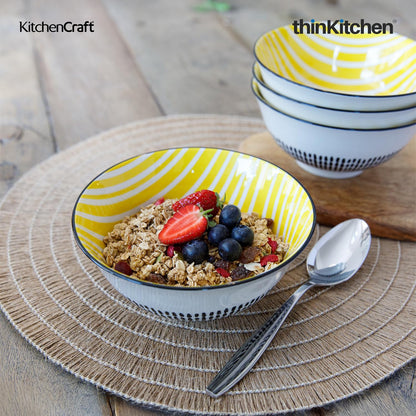 KitchenCraft Premium Stoneware 16 cm Serving Bowl Set of 4 for Soups, Cereal, Noodles, Snacks - Yellow Stripe | Wide Rim, Microwave & Dishwasher Safe | Designed in UK