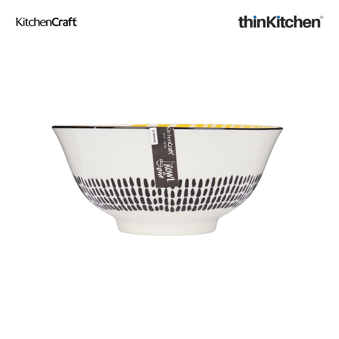 KitchenCraft Premium Stoneware 16 cm Serving Bowl Set of 4 for Soups, Cereal, Noodles, Snacks - Yellow Stripe | Wide Rim, Microwave & Dishwasher Safe | Designed in UK