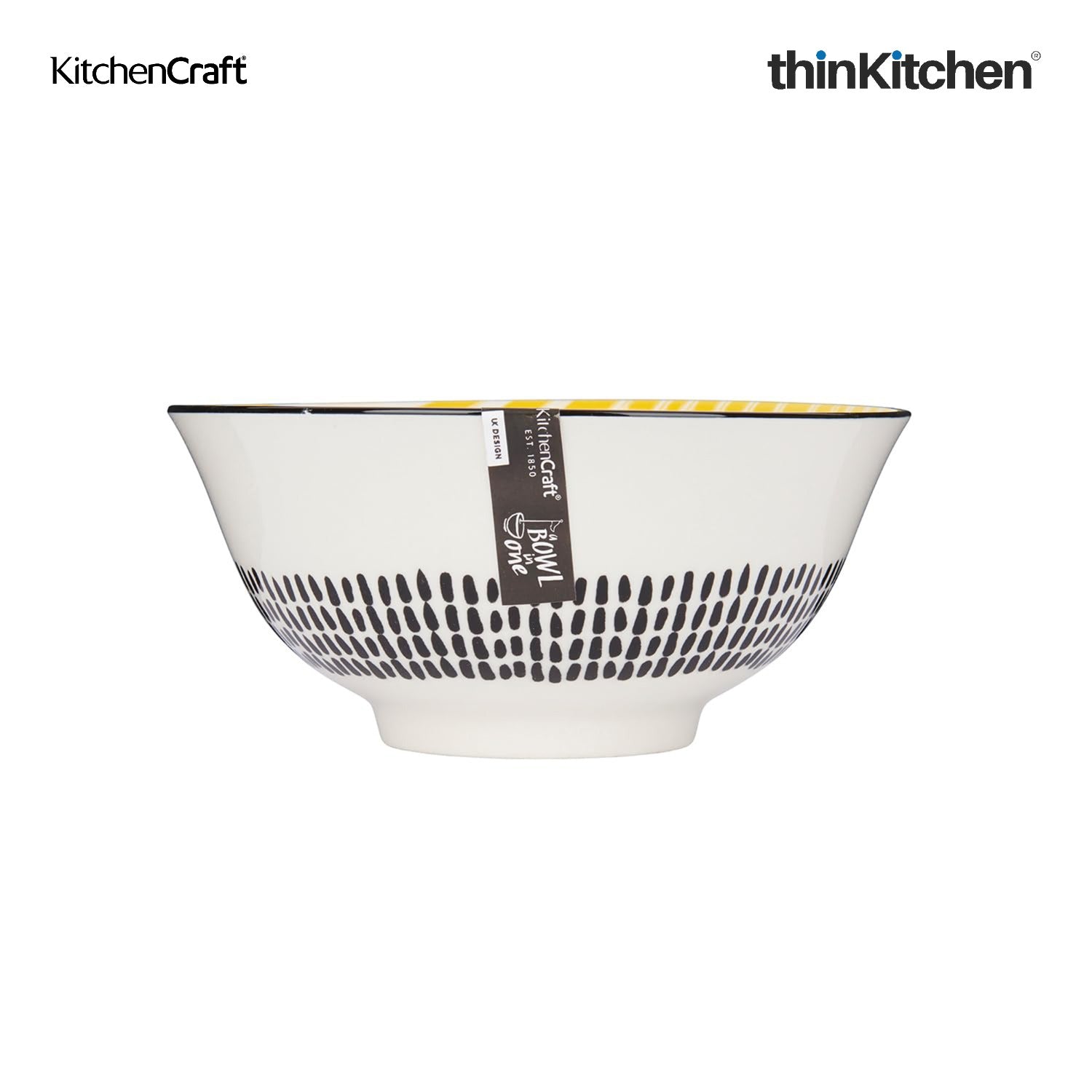 KitchenCraft Premium Stoneware 16 cm Serving Bowl Set of 4 for Soups, Cereal, Noodles, Snacks - Yellow Stripe | Wide Rim, Microwave & Dishwasher Safe | Designed in UK - 2