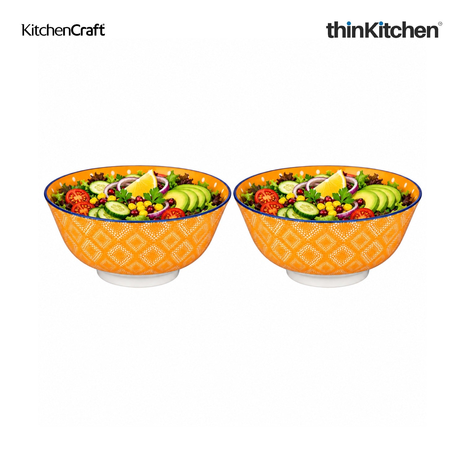 KitchenCraft Premium 15.5 cm Stoneware Serving Bowl Set of 2 for Soups, Cereal, Noodles, Snacks - Orange Spot Floral Design | Wide Rim, Microwave & Dishwasher Safe | Designed in UK - 1