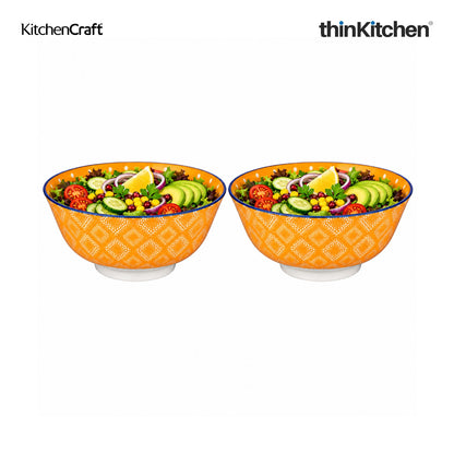 KitchenCraft Premium 15.5 cm Stoneware Serving Bowl Set of 2 for Soups, Cereal, Noodles, Snacks - Orange Spot Floral Design | Wide Rim, Microwave & Dishwasher Safe | Designed in UK