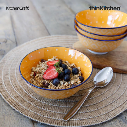 KitchenCraft Premium 15.5 cm Stoneware Serving Bowl Set of 2 for Soups, Cereal, Noodles, Snacks - Orange Spot Floral Design | Wide Rim, Microwave & Dishwasher Safe | Designed in UK