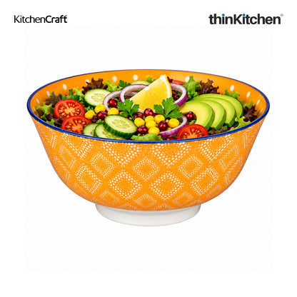 KitchenCraft Premium 15.5 cm Stoneware Serving Bowl Set of 2 for Soups, Cereal, Noodles, Snacks - Orange Spot Floral Design | Wide Rim, Microwave & Dishwasher Safe | Designed in UK