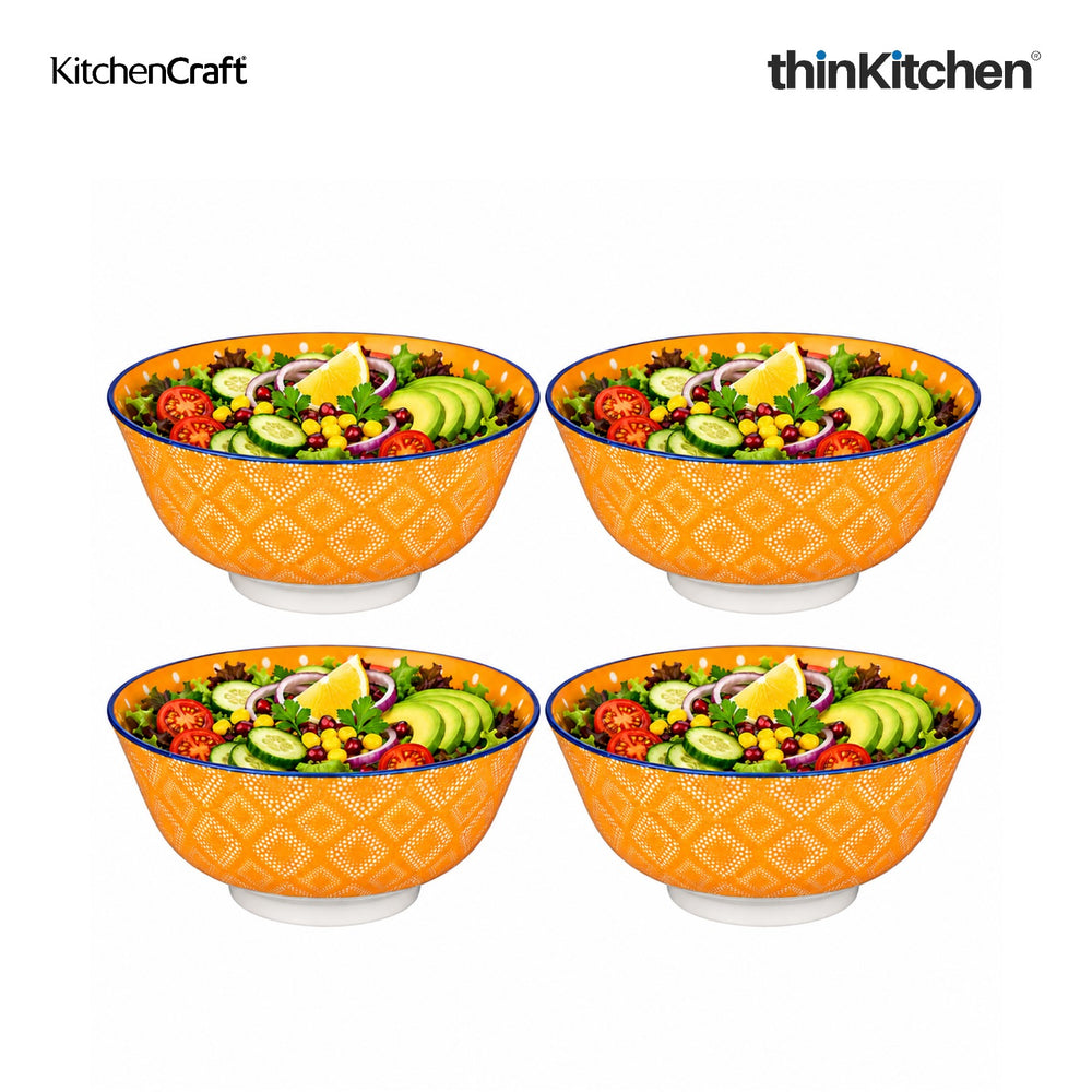 KitchenCraft Premium Stoneware 15.5 cm Serving Bowl Set of 4 for Soups, Cereal, Noodles, Snacks - Orange Spot Floral Design | Wide Rim, Microwave & Dishwasher Safe | Designed in UK