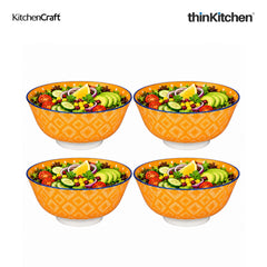 KitchenCraft Premium Stoneware 15.5 cm Serving Bowl Set of 4 for Soups, Cereal, Noodles, Snacks - Orange Spot Floral Design | Wide Rim, Microwave & Dishwasher Safe | Designed in UK