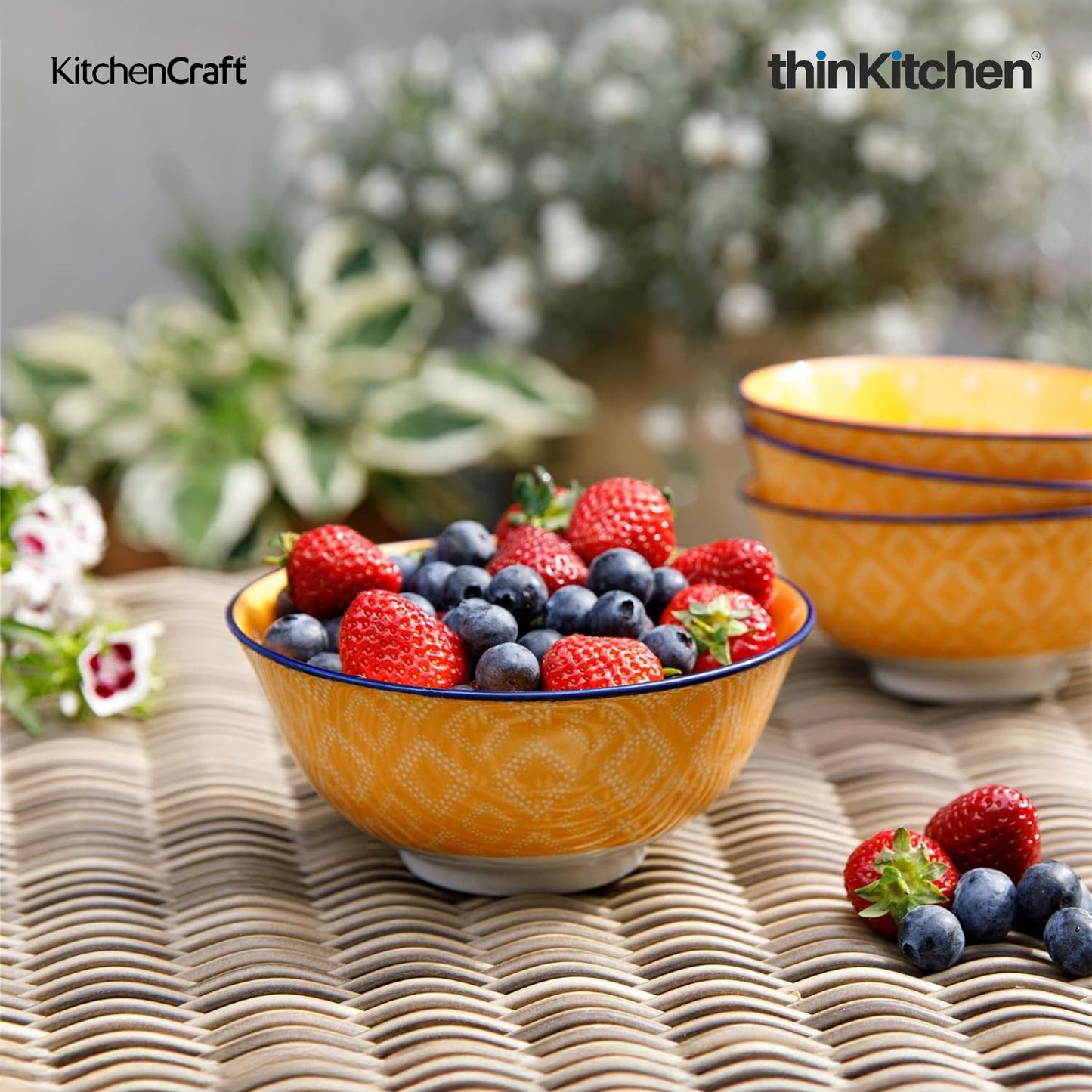 KitchenCraft Premium Stoneware 15.5 cm Serving Bowl Set of 4 for Soups, Cereal, Noodles, Snacks - Orange Spot Floral Design | Wide Rim, Microwave & Dishwasher Safe | Designed in UK