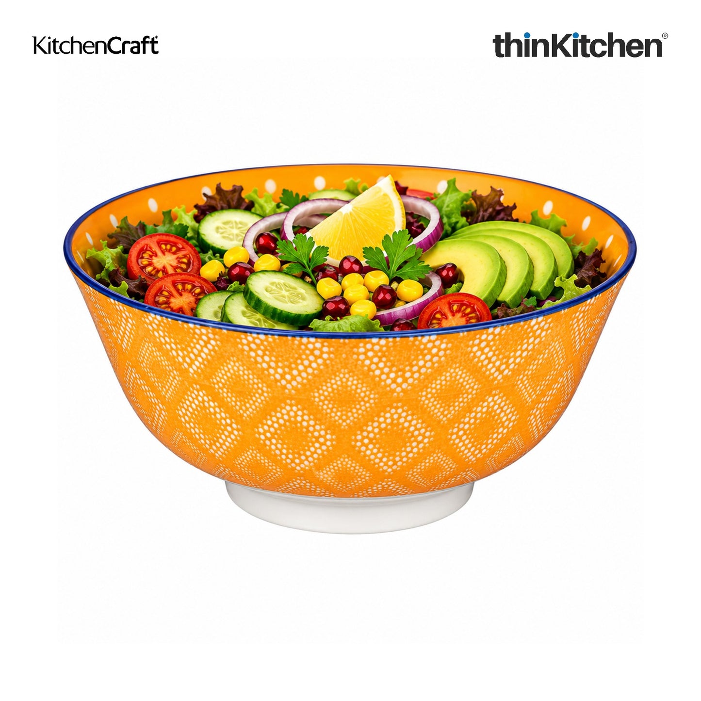 KitchenCraft Premium Stoneware 15.5 cm Serving Bowl Set of 4 for Soups, Cereal, Noodles, Snacks - Orange Spot Floral Design | Wide Rim, Microwave & Dishwasher Safe | Designed in UK