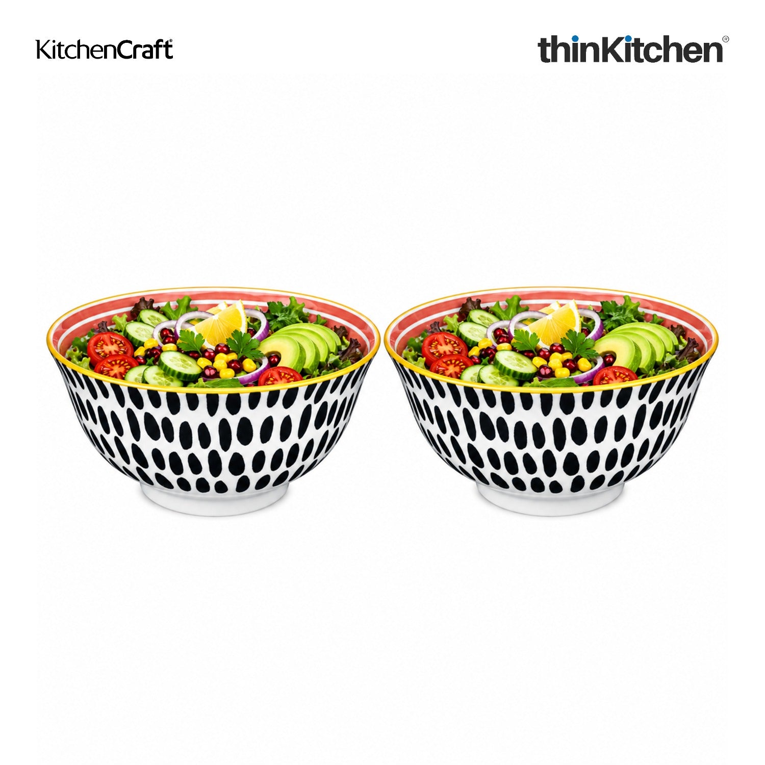 KitchenCraft Premium 16 cm Stoneware Serving Bowl Set of 2 for Soups, Cereal, Noodles, Snacks - Swirl & Spot Design | Wide Rim, Microwave & Dishwasher Safe | Designed in UK - 1
