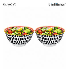 KitchenCraft Premium 16 cm Stoneware Serving Bowl Set of 2 for Soups, Cereal, Noodles, Snacks - Swirl & Spot Design | Wide Rim, Microwave & Dishwasher Safe | Designed in UK