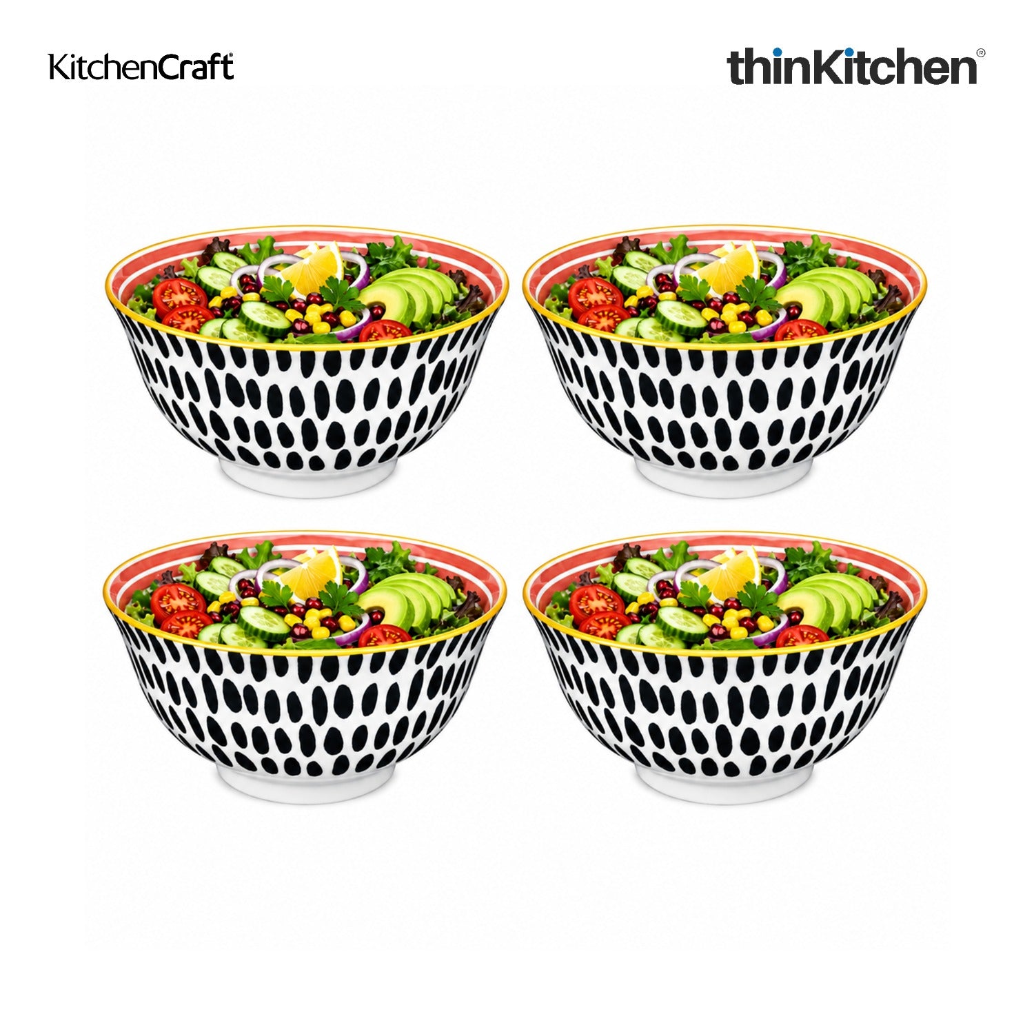 KitchenCraft Premium Stoneware 16 cm Serving Bowl Set of 4 for Soups, Cereal, Noodles, Snacks - Swirl & Spot Design | Wide Rim, Microwave & Dishwasher Safe | Designed in UK - 1
