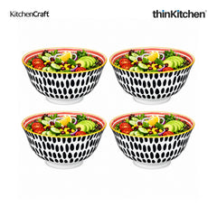 KitchenCraft Premium Stoneware 16 cm Serving Bowl Set of 4 for Soups, Cereal, Noodles, Snacks - Swirl & Spot Design | Wide Rim, Microwave & Dishwasher Safe | Designed in UK