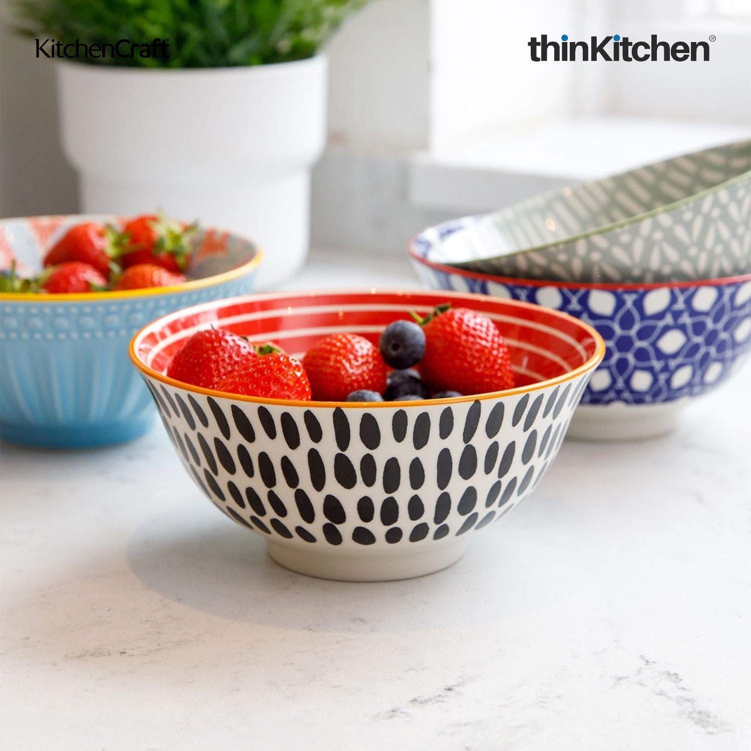 KitchenCraft Premium Stoneware 16 cm Serving Bowl Set of 4 for Soups, Cereal, Noodles, Snacks - Swirl & Spot Design | Wide Rim, Microwave & Dishwasher Safe | Designed in UK - 2