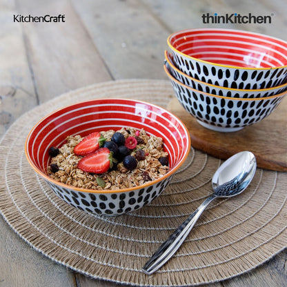 KitchenCraft Premium Stoneware 16 cm Serving Bowl Set of 4 for Soups, Cereal, Noodles, Snacks - Swirl & Spot Design | Wide Rim, Microwave & Dishwasher Safe | Designed in UK