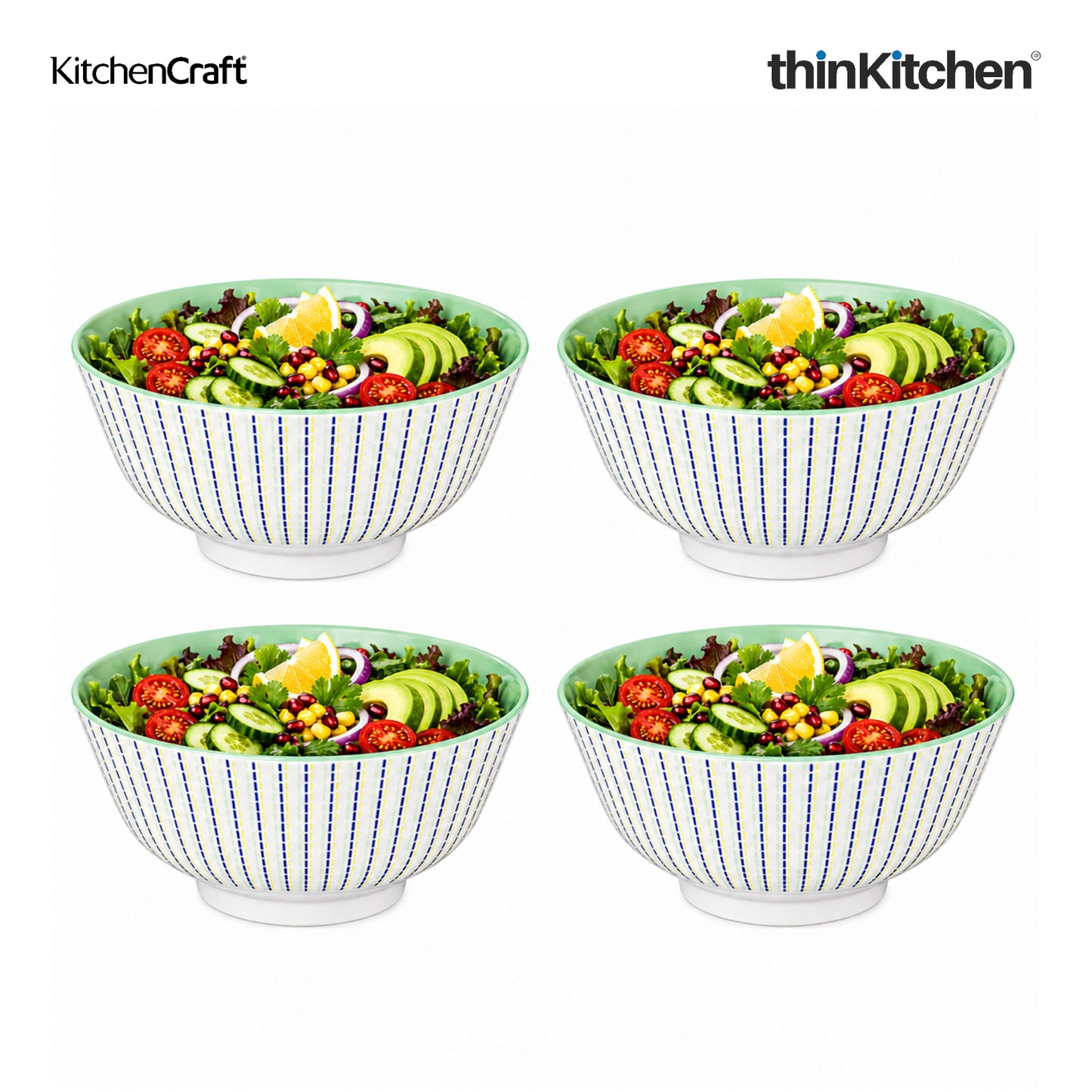 KitchenCraft Premium Stoneware 16 cm Serving Bowl Set of 4 for Soups, Cereal, Noodles, Snacks - Moroccan Lime | Wide Rim, Microwave & Dishwasher Safe | Designed in UK