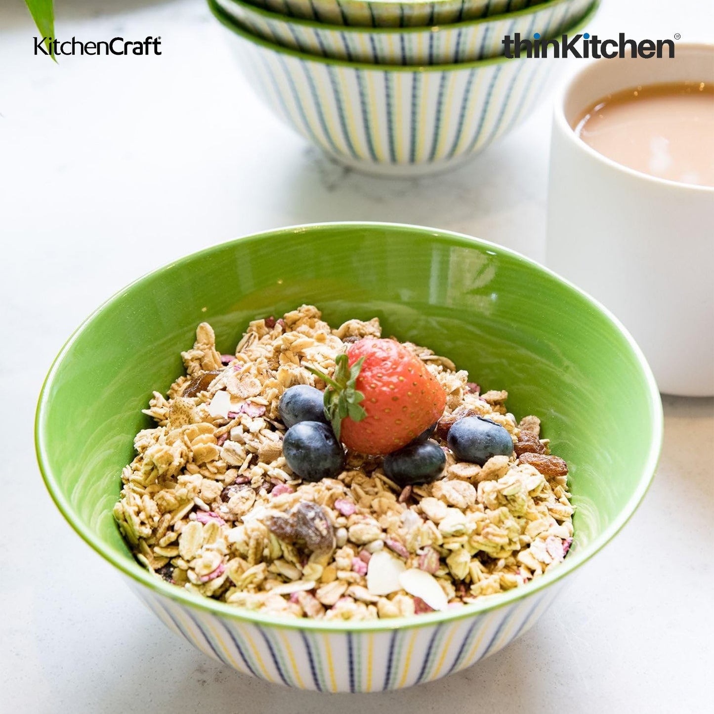 KitchenCraft Premium Stoneware 16 cm Serving Bowl Set of 4 for Soups, Cereal, Noodles, Snacks - Moroccan Lime | Wide Rim, Microwave & Dishwasher Safe | Designed in UK
