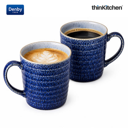 Denby Premium Rigded 2 x 400ml Large Mug Set , Handmade Stoneware Coffee & Hot Chocolate Mug for Everyday Use, Oven Microwave Dishwasher Safe, Blue&White Made in UK