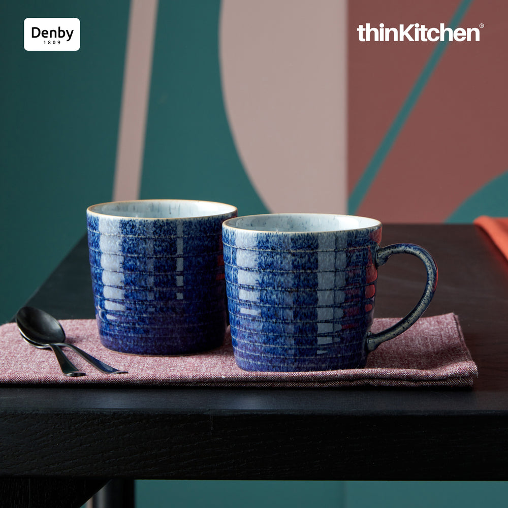 Denby Premium Rigded 2 x 400ml Large Mug Set , Handmade Stoneware Coffee & Hot Chocolate Mug for Everyday Use, Oven Microwave Dishwasher Safe, Blue&White Made in UK
