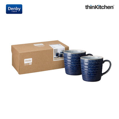 Denby Premium Rigded 2 x 400ml Large Mug Set , Handmade Stoneware Coffee & Hot Chocolate Mug for Everyday Use, Oven Microwave Dishwasher Safe, Blue&White Made in UK