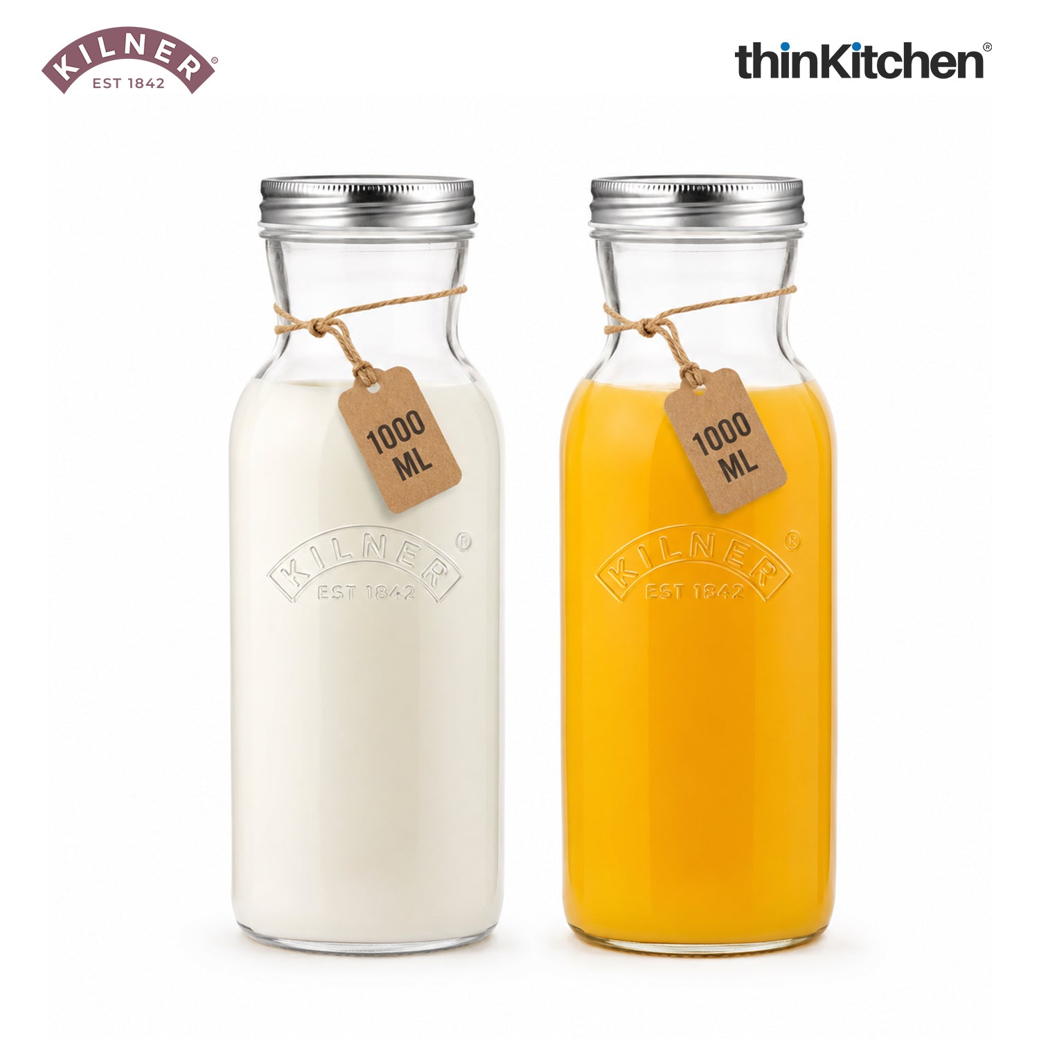 Kilner Premium 1L Leakproof Glass Bottle set of 2 for Milk, Smoothies, Sauces, Juices, Oil, Vinegar | Reusable Kitchen Storage Bottle with Secure Closure - 1