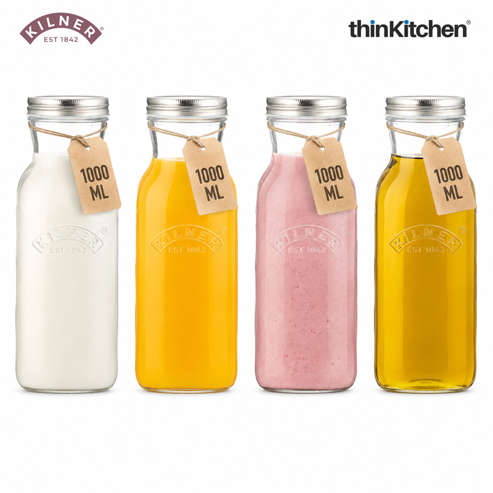 Kilner Premium 1L Leakproof Glass Bottle Set of 4 for Milk, Smoothies, Sauces, Juices, Oil, Vinegar | Reusable Kitchen Storage Bottle with Secure Closure