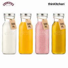 Kilner Premium 1L Leakproof Glass Bottle Set of 4 for Milk, Smoothies, Sauces, Juices, Oil, Vinegar | Reusable Kitchen Storage Bottle with Secure Closure