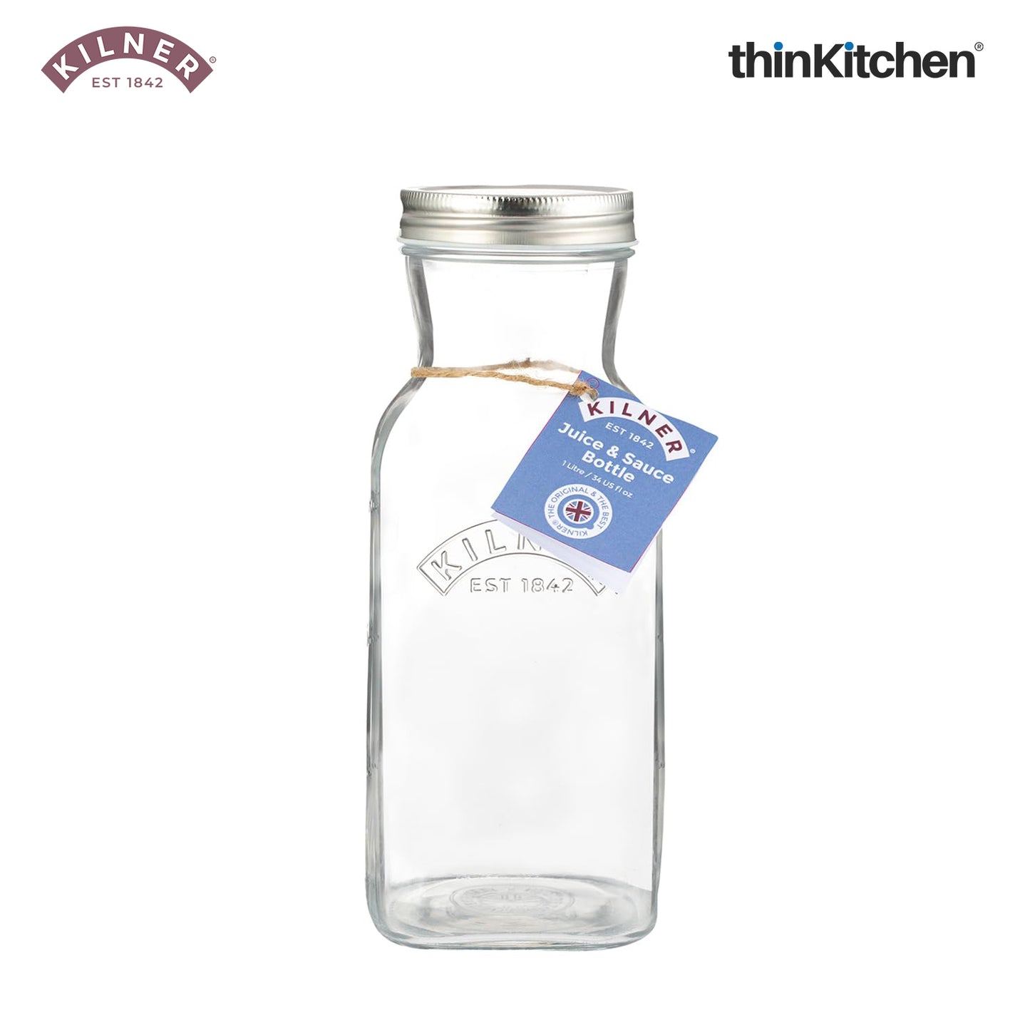 Kilner Premium 1L Leakproof Glass Bottle Set of 4 for Milk, Smoothies, Sauces, Juices, Oil, Vinegar | Reusable Kitchen Storage Bottle with Secure Closure