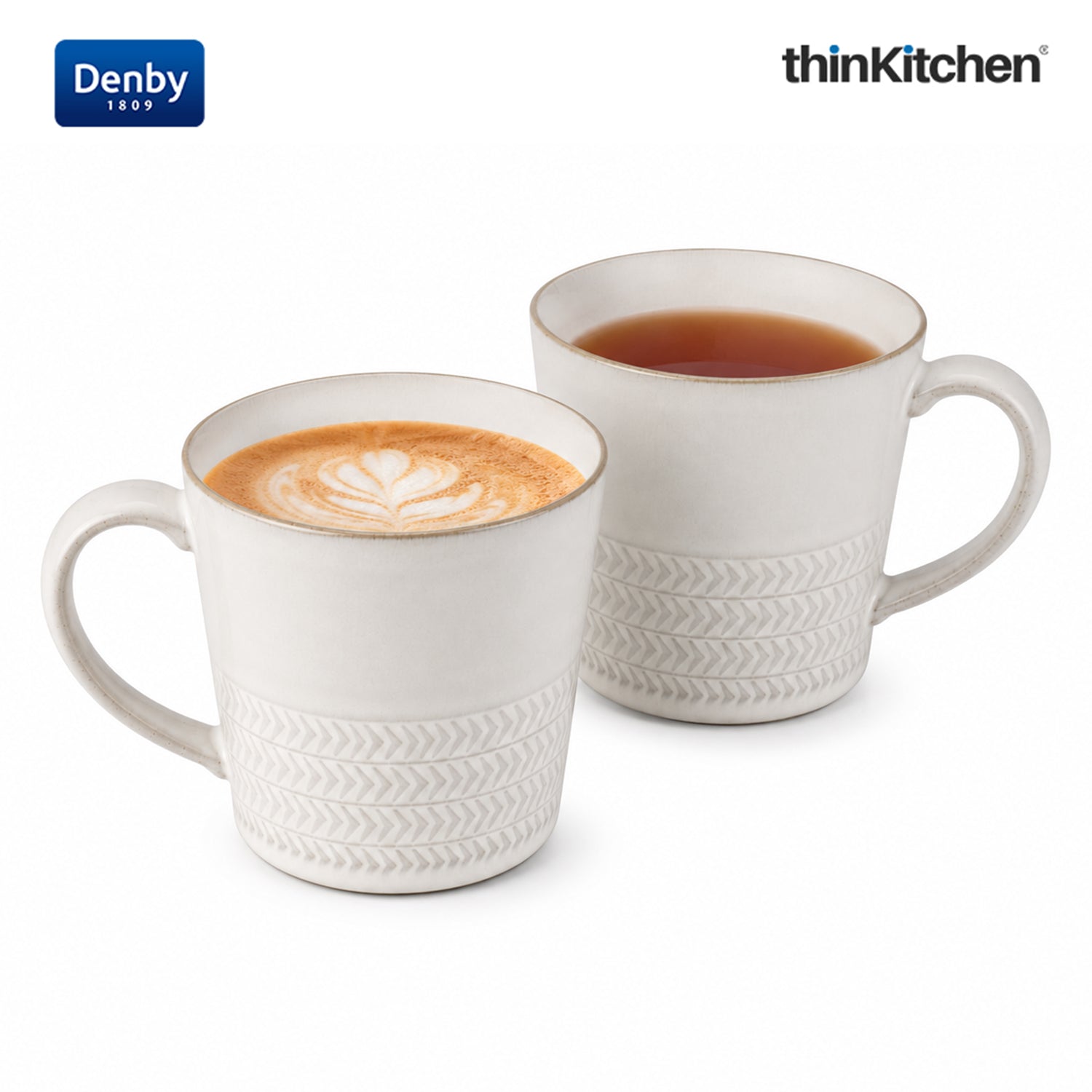 Denby Premium Textured 2 x 400ml Large Mug Set , Handmade Stoneware Coffee & Hot Chocolate Mug for Everyday Use, Oven Microwave Dishwasher Safe, White Made in UK - 1