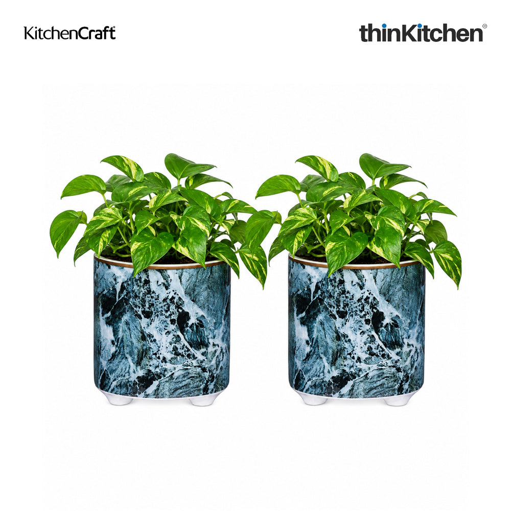 KitchenCraft Premium Ceramic 10 cms Legged Planter Pot Set of 2 for Indoor Plants & Desk - Marble Print | Multipurpose Holder for Stationery, Cutlery, Brushes | Designed in UK
