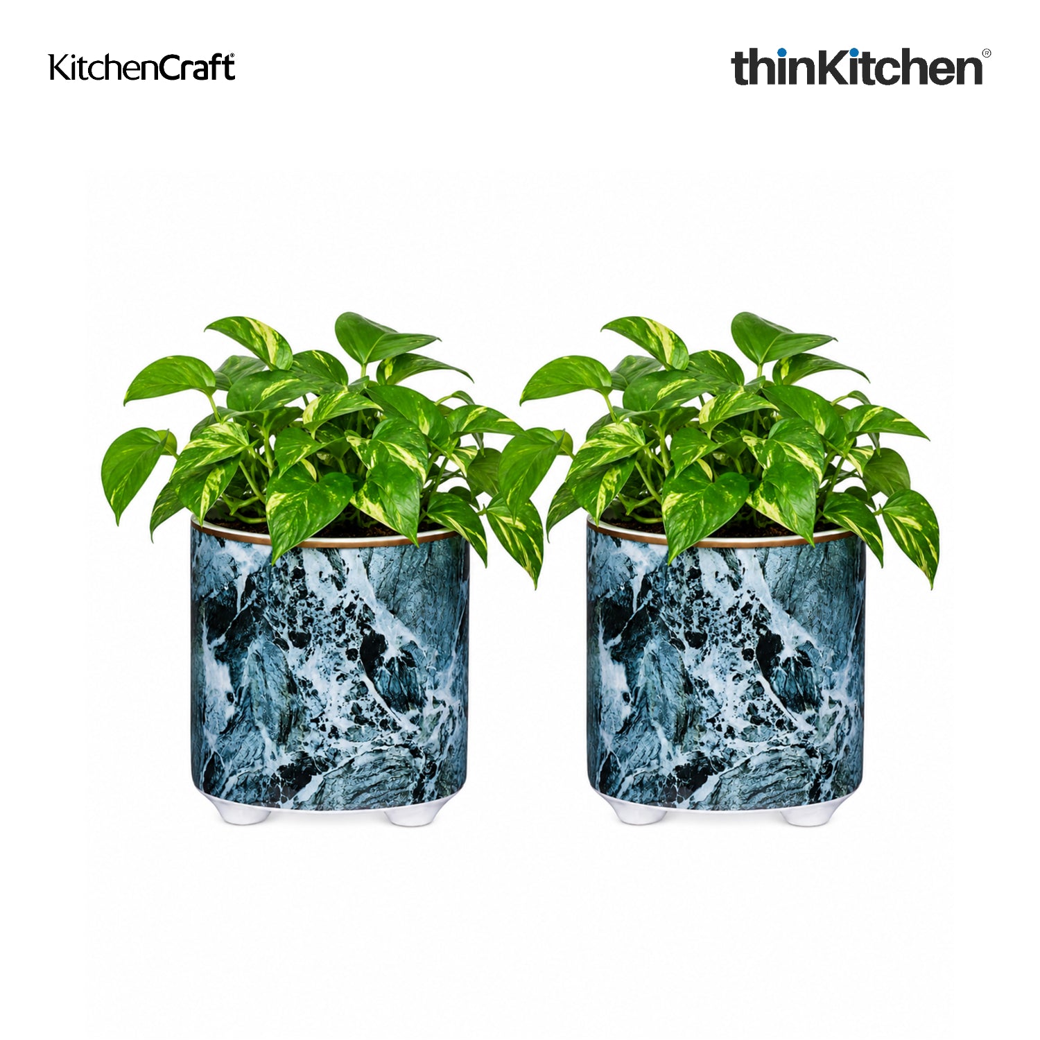 KitchenCraft Premium Ceramic 10 cms Legged Planter Pot Set of 2 for Indoor Plants & Desk - Marble Print | Multipurpose Holder for Stationery, Cutlery, Brushes | Designed in UK - 1