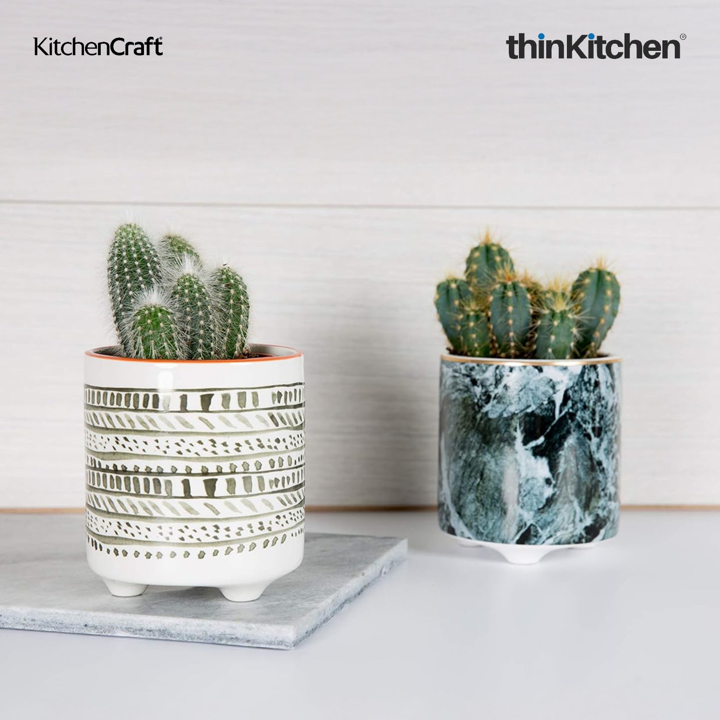 KitchenCraft Premium Ceramic 10 cms Legged Planter Pot Set of 2 for Indoor Plants & Desk - Marble Print | Multipurpose Holder for Stationery, Cutlery, Brushes | Designed in UK