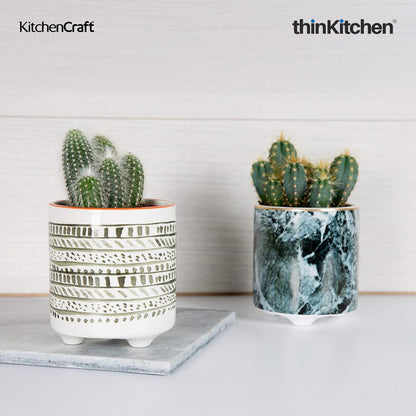 KitchenCraft Premium Ceramic 10 cms Legged Planter Pot Set of 2 for Indoor Plants & Desk - Marble Print | Multipurpose Holder for Stationery, Cutlery, Brushes | Designed in UK