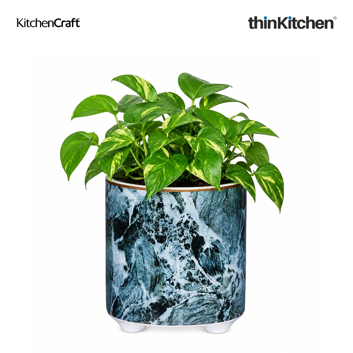 KitchenCraft Premium Ceramic 10 cms Legged Planter Pot Set of 2 for Indoor Plants & Desk - Marble Print | Multipurpose Holder for Stationery, Cutlery, Brushes | Designed in UK