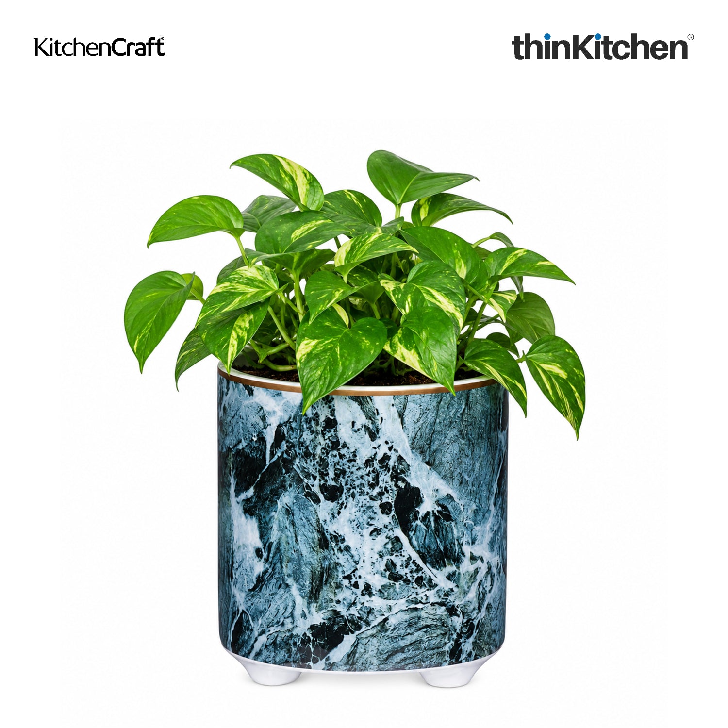 KitchenCraft Premium Ceramic 10 cms Legged Planter Pot Set of 2 for Indoor Plants & Desk - Marble Print | Multipurpose Holder for Stationery, Cutlery, Brushes | Designed in UK - 3