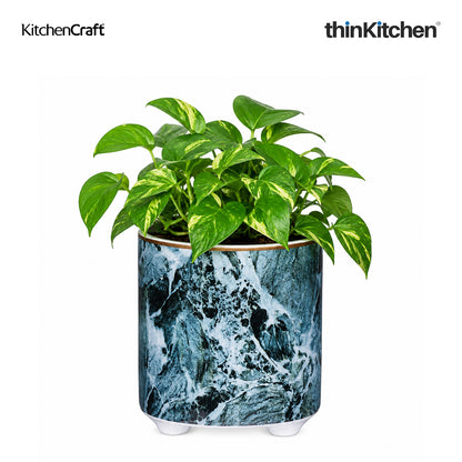KitchenCraft Premium Ceramic 10 cms Legged Planter Pot Set of 2 for Indoor Plants & Desk - Marble Print | Multipurpose Holder for Stationery, Cutlery, Brushes | Designed in UK