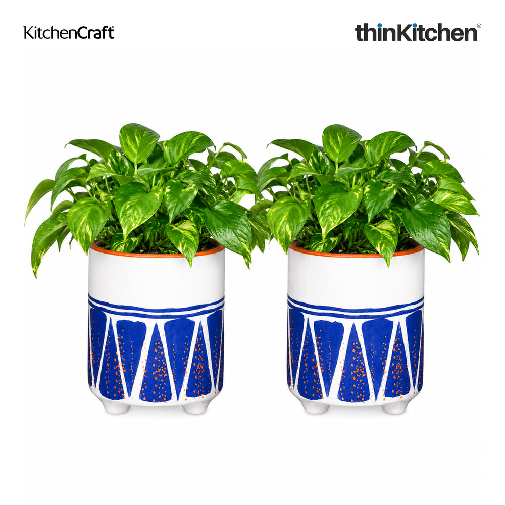 KitchenCraft Premium Ceramic 10 cms Legged Planter Pot Set of 2 for Indoor Plants & Desk - Blue Geo Print | Multipurpose Holder for Stationery, Cutlery, Brushes | Designed in UK