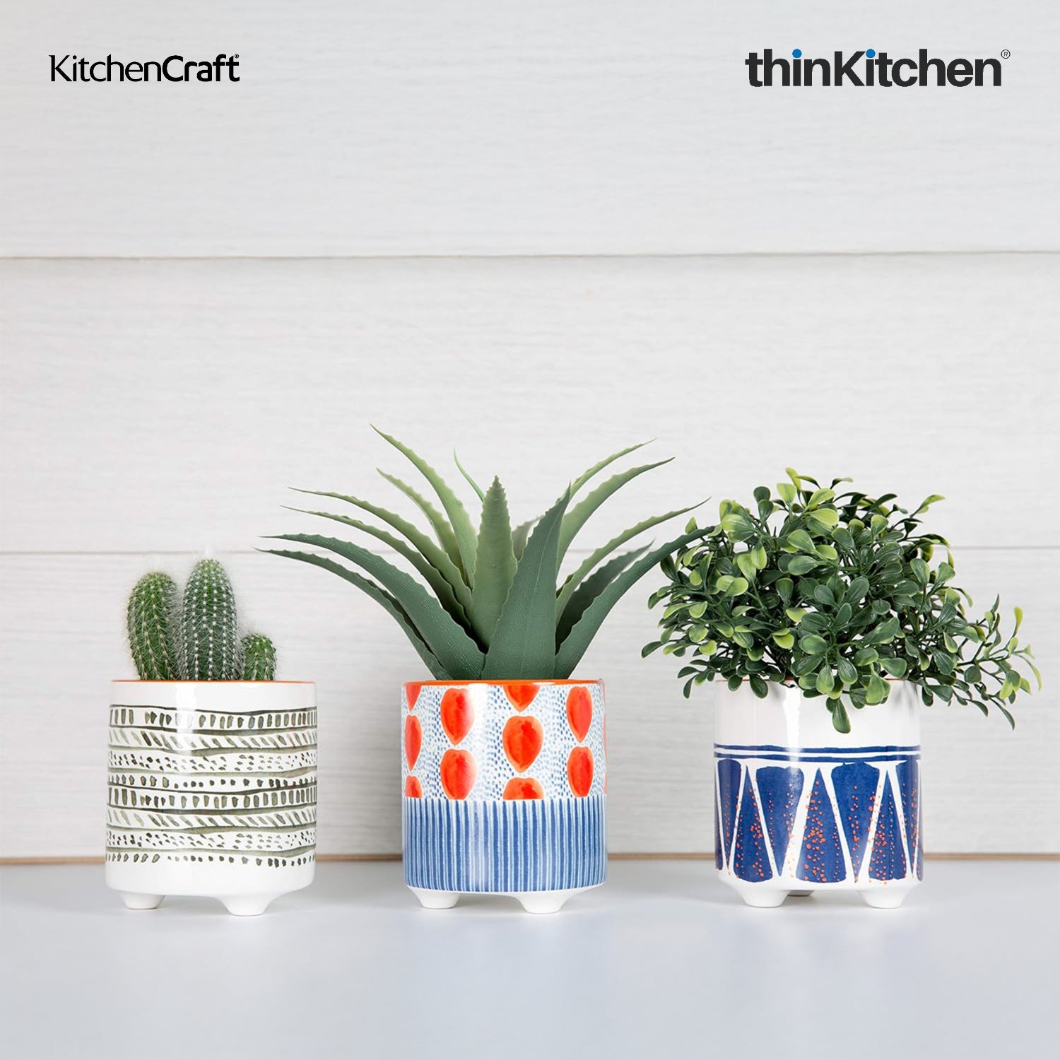 KitchenCraft Premium Ceramic 10 cms Legged Planter Pot Set of 2 for Indoor Plants & Desk - Blue Geo Print | Multipurpose Holder for Stationery, Cutlery, Brushes | Designed in UK - 2