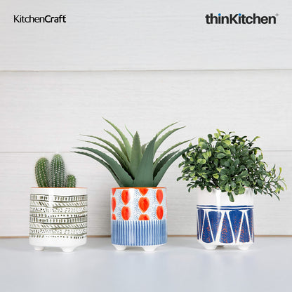 KitchenCraft Premium Ceramic 10 cms Legged Planter Pot Set of 2 for Indoor Plants & Desk - Blue Geo Print | Multipurpose Holder for Stationery, Cutlery, Brushes | Designed in UK