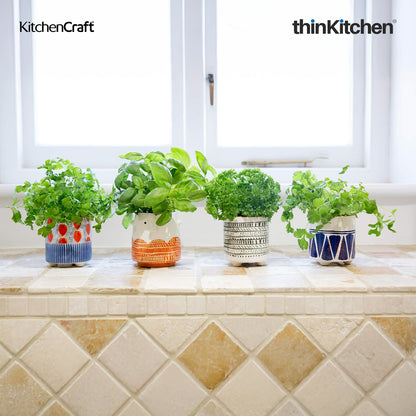 KitchenCraft Premium Ceramic 10 cms Legged Planter Pot Set of 2 for Indoor Plants & Desk - Blue Geo Print | Multipurpose Holder for Stationery, Cutlery, Brushes | Designed in UK