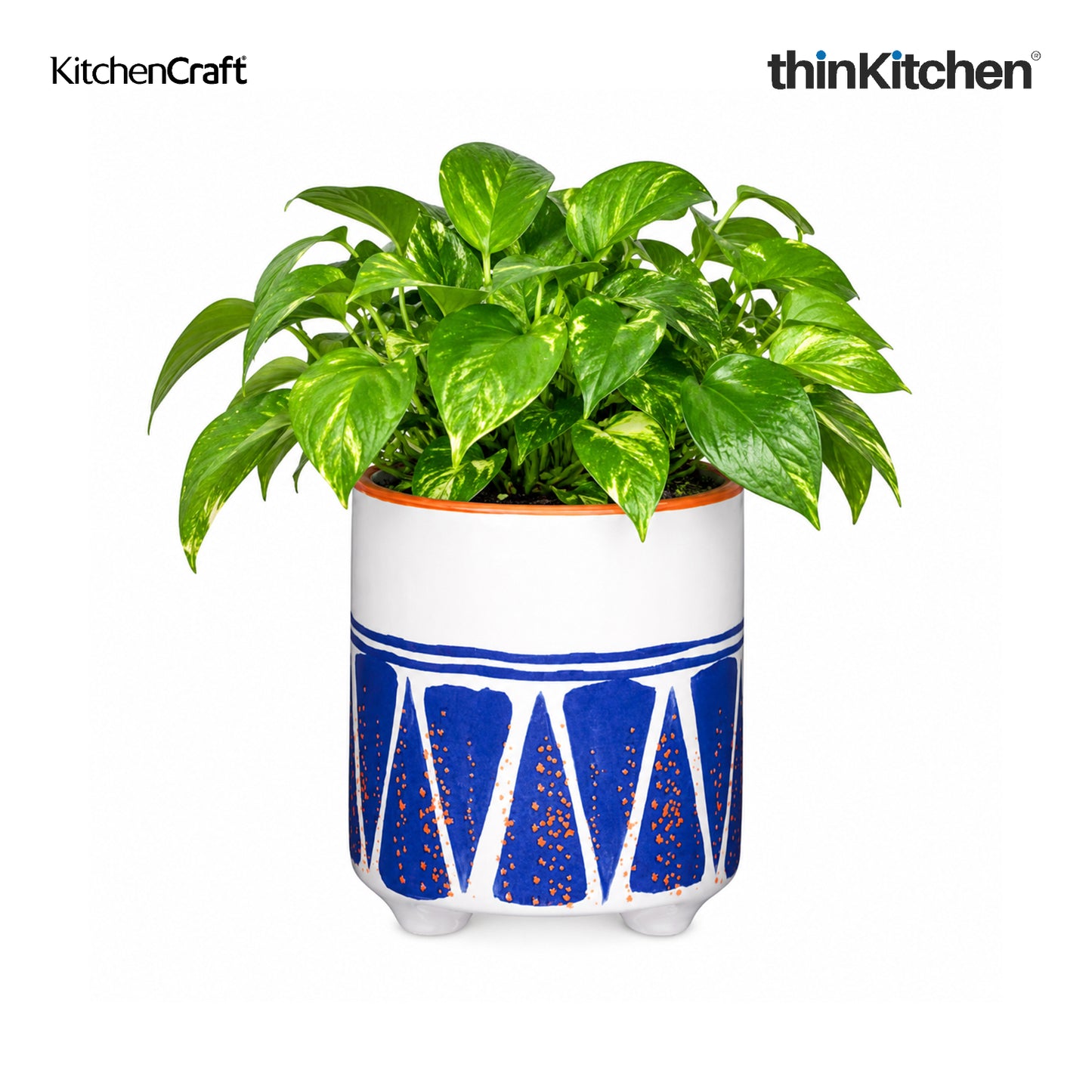 KitchenCraft Premium Ceramic 10 cms Legged Planter Pot Set of 2 for Indoor Plants & Desk - Blue Geo Print | Multipurpose Holder for Stationery, Cutlery, Brushes | Designed in UK