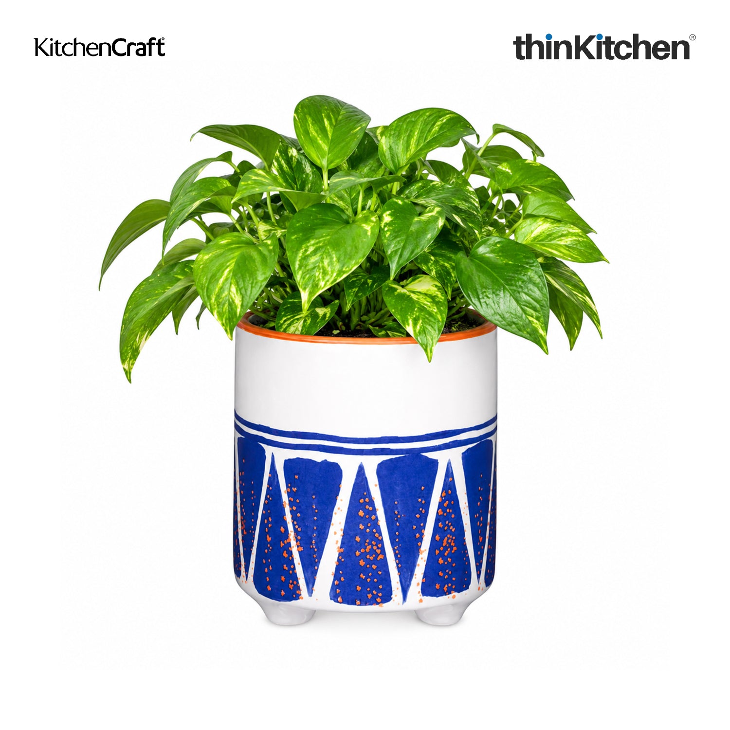 KitchenCraft Premium Ceramic 10 cms Legged Planter Pot Set of 2 for Indoor Plants & Desk - Blue Geo Print | Multipurpose Holder for Stationery, Cutlery, Brushes | Designed in UK - 3