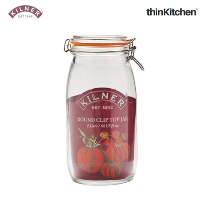 Kilner Premium 2 Pcs x 2L Round Airtight Glass Jar with Clip Top Lid for Coffee, Tea, Flour, Pulses, Grains, Lentils, Biscuits | Transparent, Reusable Multipurpose Kitchen Storage Container
