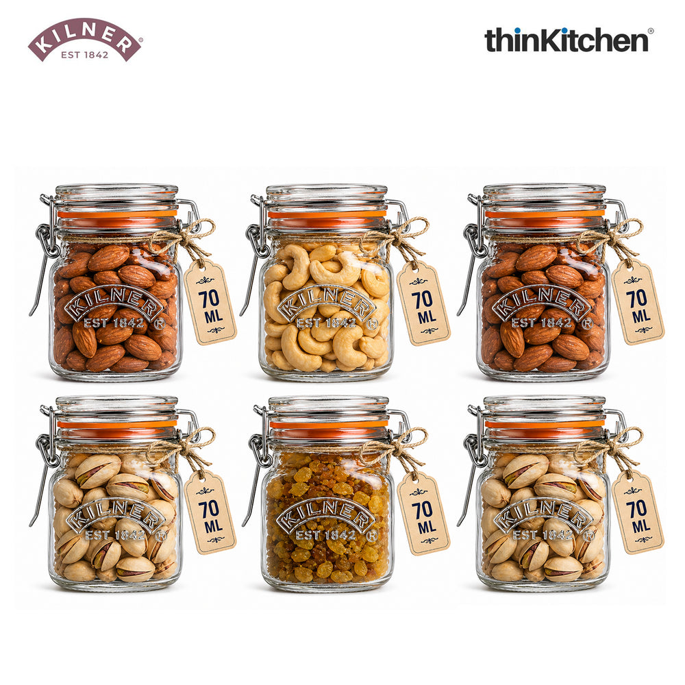 Kilner Premium Airtight Clip Top Square Glass Jar - 70ml for Kitchen Storage, Yogurt, Overnight Oats & Pickles, Set of 6