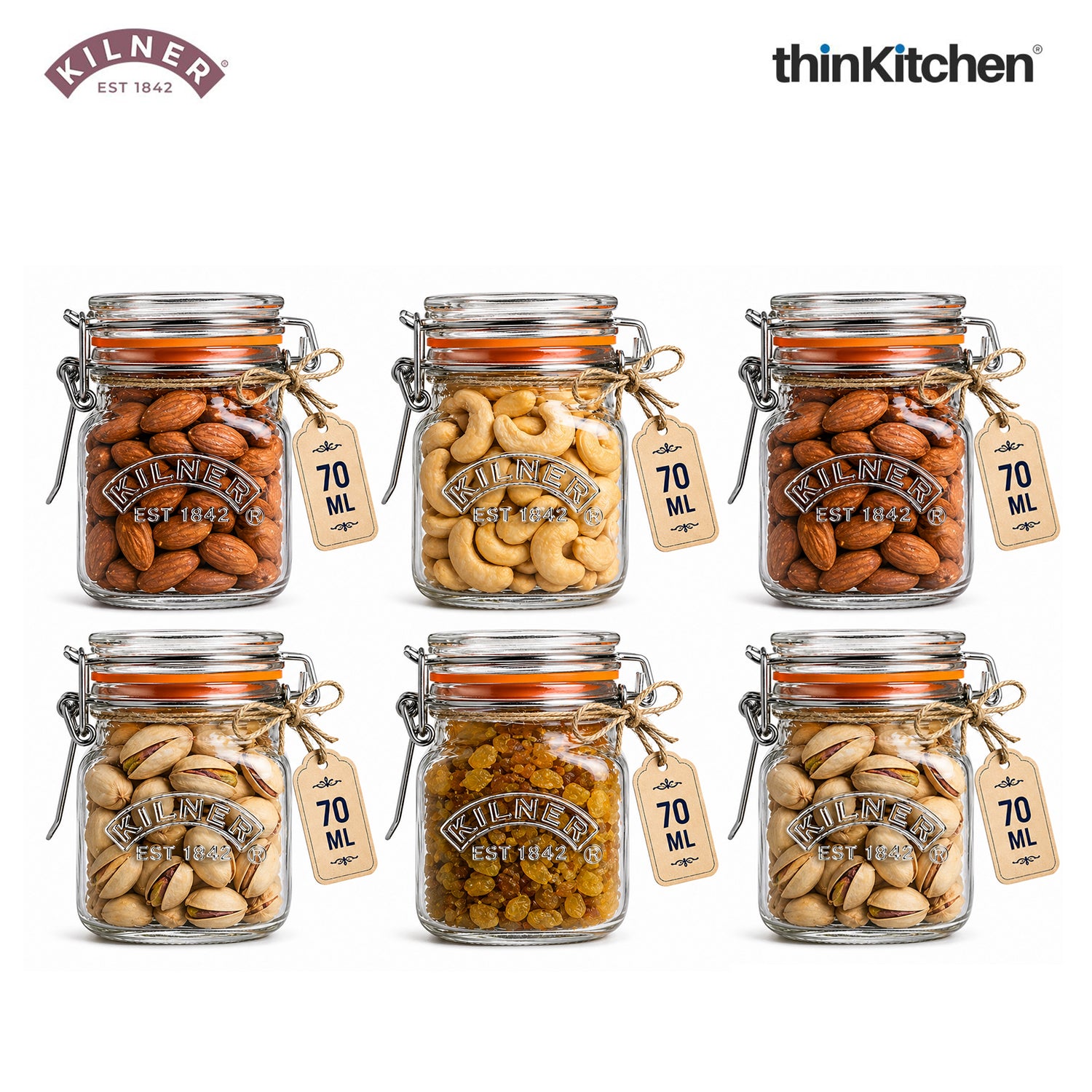 Kilner Premium Airtight Clip Top Borosilicate Glass Jar - 70ml |Glass Container Ideal for Kitchen Storage, Yogurt, Overnight Oats & Pickles, Set of 6 - 1