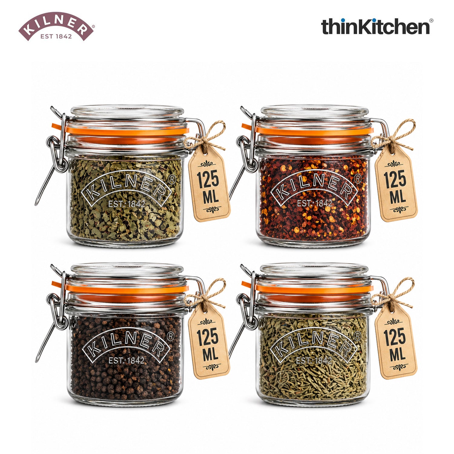 Kilner Premium Clip Top Airtight Round Glass Food Storage Jar - 125ML | Multipurpose BPA Free, Reusable Kitchen Container for Storage for Herbs, Spices, Set of 4 - 1