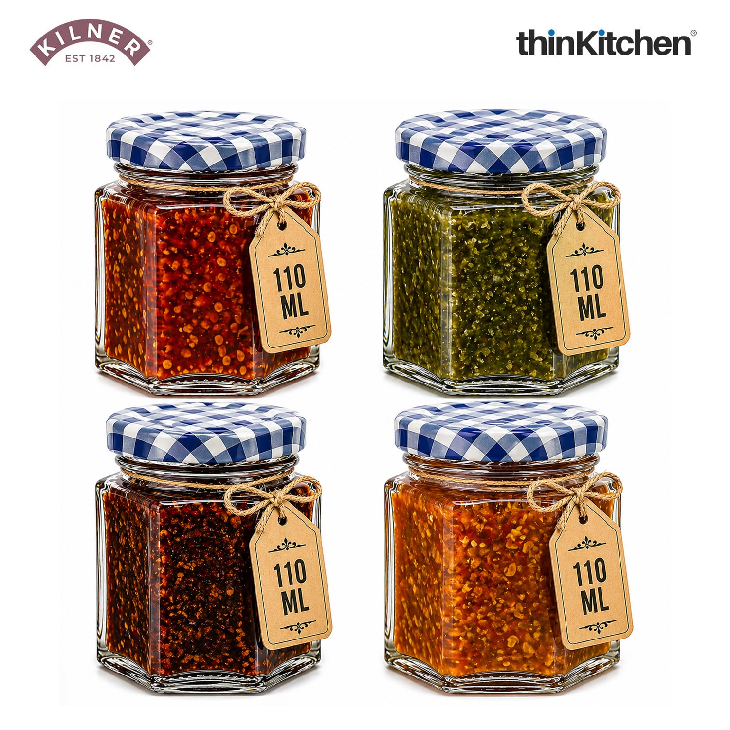Kilner Premium Hexagonal Airtight Twist Top Glass Jar - 110ml  | Multipurpose Kitchen Storage Glass Container for Pickle, Chutneys, Sauces, Set of 4 - 1