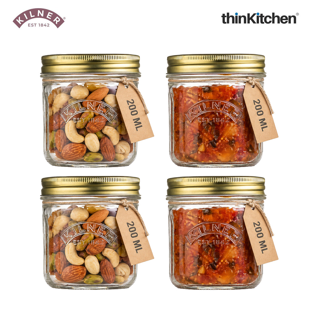 Kilner Premium Wide Mouth Leakproof Preservative Glass Jar 200ml | Preserving Jars with Screw Lids for Storing and Preserving , Dishwasher Safe, Transparent, Set of 4